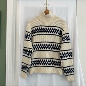 Vintage Wool Gatsby Cream and Navy Patterned Turtleneck Sweater